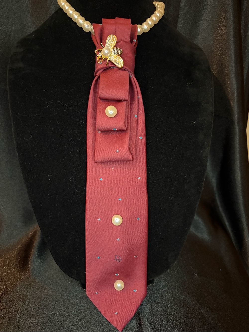 Dior Burgundy Silk Tie with Pearl Buttons and Bee Pin